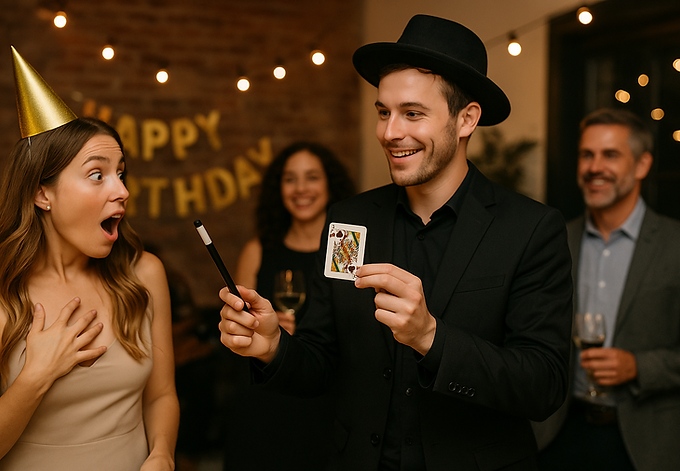 Magician performing card trick at a birthday party