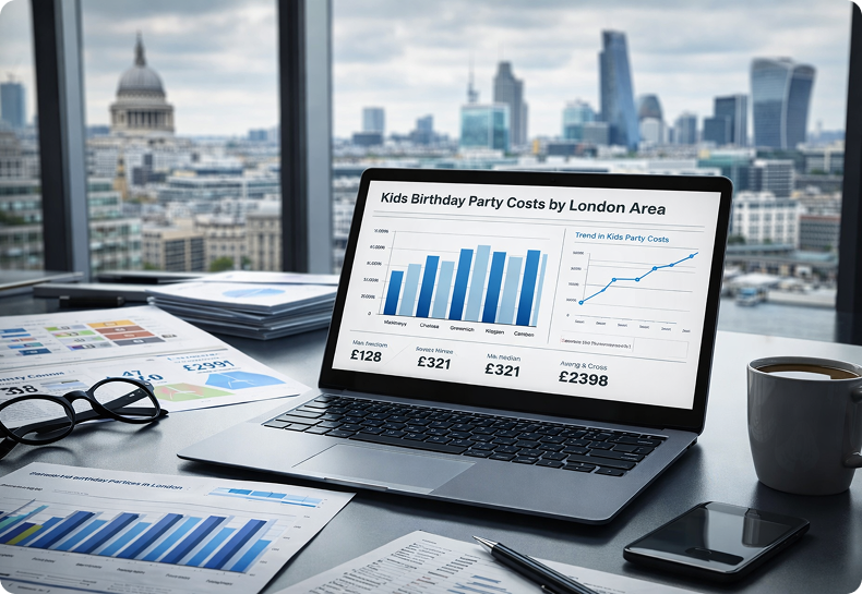 Laptop showing party cost analytics on a desk with a London skyline view